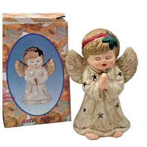 Christmas Ceramic PRAYING Angel Tea Light Candle Holder GILDED Stars Retro Decor